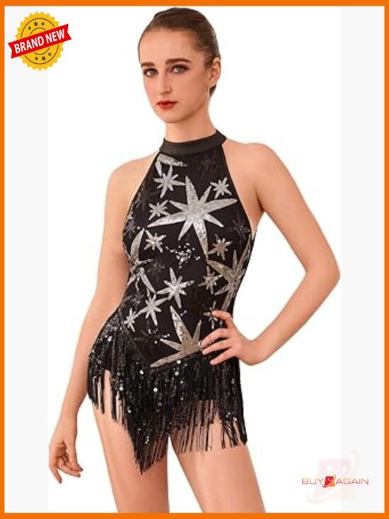 Other - Sequin Fringe Bodysuit Halter Salsa Dance Costume Tassel Romper